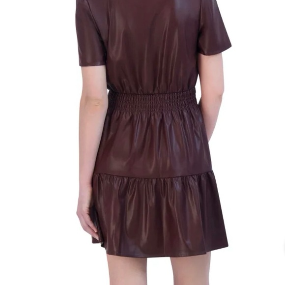 NWT faux leather Cute Brown VNeck mini dress Stretch Fabric - Picture 3 of 5